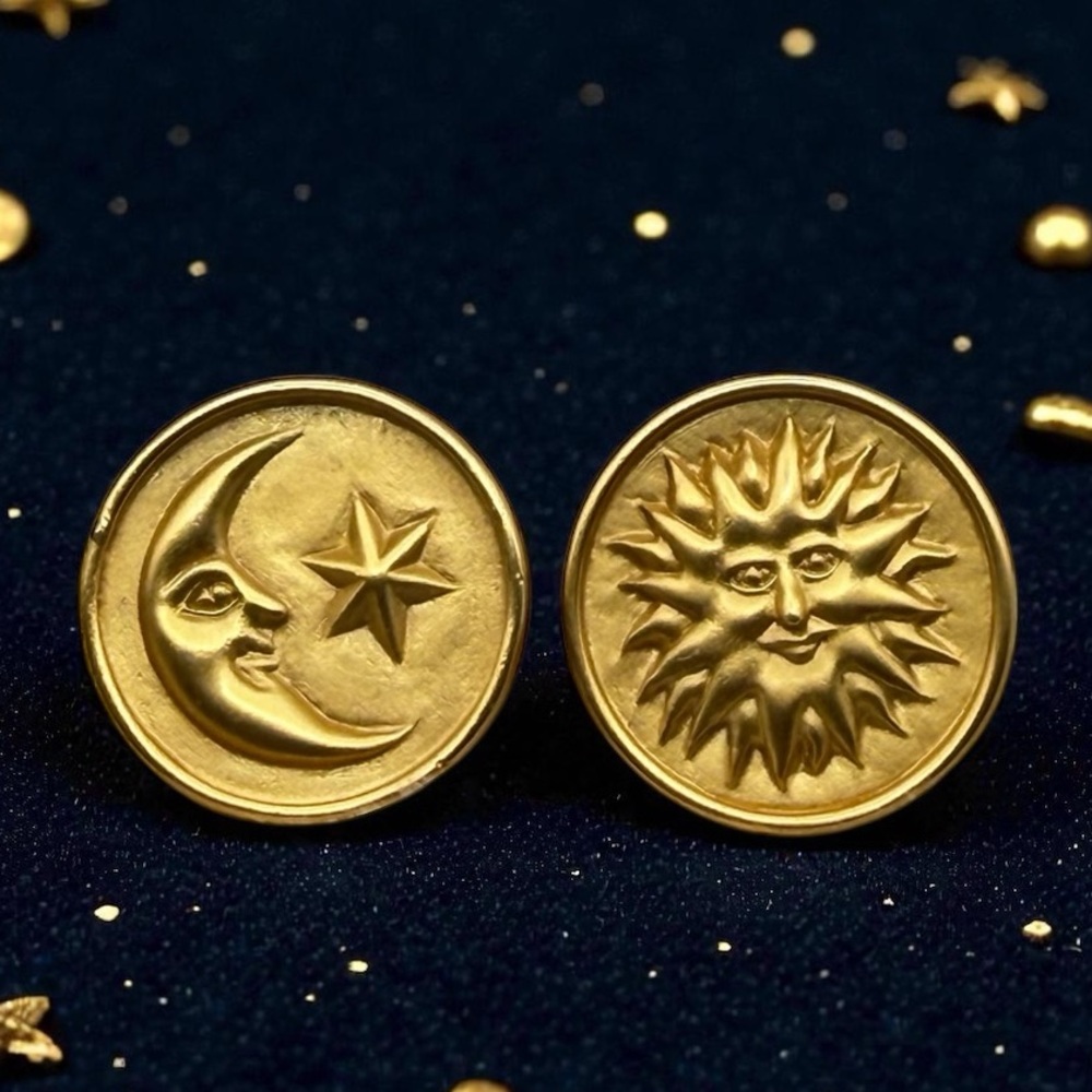 Vintage Signed AK Anne Klein Celestial Sun & Moon Earrings Brushed Gold Tone 1”
